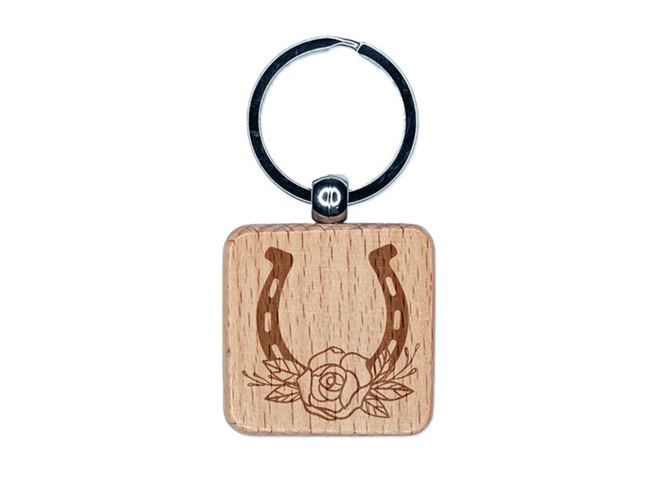 Classy Horseshoe with Rose Cowboy Cowgirl Western Farm Ranch Horses Engraved Wood Square Keychain Tag Charm